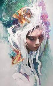 Painting Female Portrait Art Print Koi Fish Abstract Flowing Etsy In 2021 Art Illustration Art Art Design