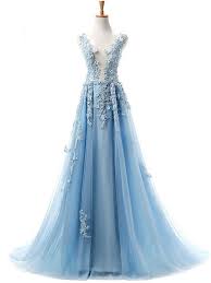 Dramatic A Line Deep V Neck Sleeveless Light Blue Tulle Long Evening Prom Dress With Lace Appliques Prom Dresses Sleeveless Prom Dresses Blue Tulle Prom Dress