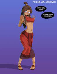 1girls arched back armlet athletic female aurora-zone avatar the  last airbender belly belly button big breasts blue hair blush bra bracelet  breasts brown hair caught undressing choker clothed clothing