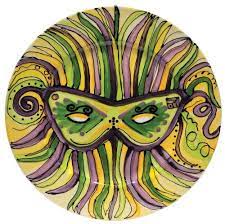 I've decorated my table and it's ready for our party tomorrow night. Caffco International Dana Wittmann Round Ceramic Serving Plate Mardi Gras Mask Holiday Pottery Easter Pottery Painting On Ceramics