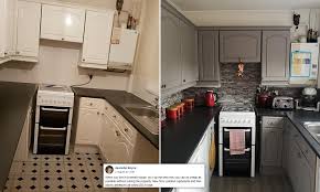 Used here inside the cabinets it can create a beautiful backdrop behind navy doors. Savvy Woman Reveals She Transformed Her Outdated Kitchen For Just Fifty Pounds Daily Mail Online