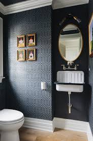 We gave the bathroom a radically different look infusing it with an elegant transitional style. Dark Blue Dark Wallpaper Powder Room