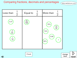 If you display the powerpoint on the interactive whiteboard and give them a copy of the worksheet (on a5 to save resources) as they come into the room it is a good settling starter activity. Fractions Decimals And Percentages Mathsframe