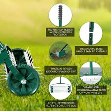 This poly lawn roller is 18 x 36 inches. 18 Inch Rolling Lawn Aerator Roller Push Tine Soil With Fender Overstock 30088703