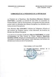 En raison d'un appel à la grève par plusieurs organisations syndicales portant sur les difficultés budgétaires et la défense de l'emploi à radio france, nous ne sommes pas. Ministere Des Affaires Etrangeres Ministere De La Culture Le President Ouattara Nomme Des Interimaires Communique Fratmat