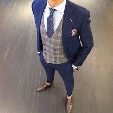Black And White Check Coat Pant Men S Navy Check Suit Grey Check Waistcoat White Dress Shirt Dark Brown Leather Double Monks Blue Suit Men Suit Fashion Blue Check Suit
