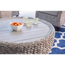 Hampton Bay 36 In Megan Grey All Weather Wicker Outdoor Patio Large Round Coffee Table With Slatted Wood Top 65 51751l The Home Depot In 2020 Outdoor Coffee Tables Round Coffee Table Coffee Table