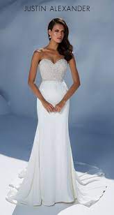 Style 88004 Beaded Bodice With Crepe Fit And Flare Skirt Justin Alexander Fit And Flare Wedding Dress Strapless Wedding Dress Sweetheart Fitted Wedding Dress
