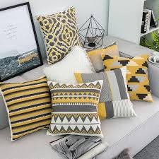 Yellow Grey Stitched Pillow Cases Cushions On Sofa Grey And Yellow Living Room Living Room Cushions