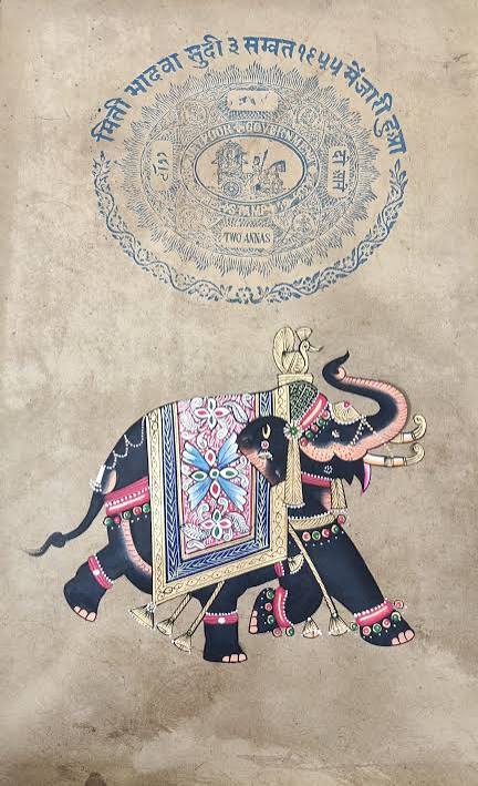 Rajasthani Miniature Painting On Old Royal Court Fee Stamp Paper - Elephant - Sanchaari