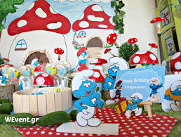 The right decor and ambience can liven up your bash and get your guests in the mood for fun. Smurfs Village Birthday Party Ideas Photo 1 Of 28 Smurfs Party Smurfs Party Decorations Kids Themed Birthday Parties