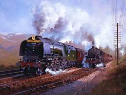 Railway Paintings By John Austin Fgra Royal Scot On Beattock Bank Royal Scot Overtakes A Stanier Black Five Royal Scot Steam Locomotive Locomotive Train