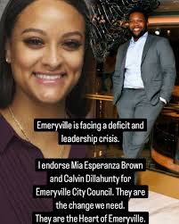 Kalimah Priforce على X: "Excited to endorse Mia Esperanza Brown/Calvin  Dillahunty for Emeryville City Council. Their progressive values and focus 