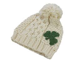 Traditional Craft Irish Celtic Aran Knit Kids Bobble Hat With Shamrock Design Cream Colour