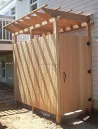 Tasteful Pine Wooden Half Screen Outside Shower With Pergola Roofs As Inspiring Country Cottage Backyar Outside Showers Outdoor Shower Outdoor Shower Enclosure