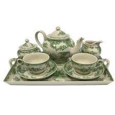 16 Pagoda Blue White Transferware Porcelain Tea Set With Tray Antique Reproduction 10 Pieces Chairis Antique Tea Sets Porcelain Tea Set Tea Sets Vintage