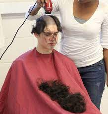 The Mass Of Hair Transferred To His Lap In 2021 Forced Haircut Long To Short Hair Girl Headshave