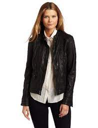 Robot Check Cole Haan Women Washed Leather Leather Moto Jacket