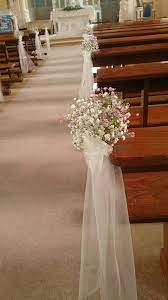 Baby S Breath Posies In Pink And White With Trailing Organza Sashes Wedding Aisle Decorations Church Wedding Decorations Aisle Church Wedding Decorations