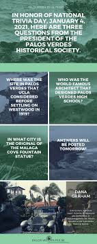 It's like the trivia that plays before the movie starts at the theater, but waaaaaaay longer. In Honor Of National Trivia Day January 4 2021 Here Are Three Questions From The President Of The Palos Verdes Historical Society Can You Answer Them Without Peeking Palos Verdes Pulse