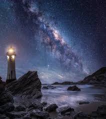 Lighthouse At Night By The Ocean Under The Stars Shape The Milky Way On Instagram By Astrophotography Night Sky Photography Milky Way Photography