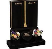 All Polished Black Granite Book Headstone and Base Memorial with Two Vases  & Carved Tassle (AC4)