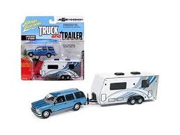 Johnny Lightning 1 64 Truck And Trailer Chevrolet Tahoe With Camper Die Cast Vehicle Blue White Newegg Com