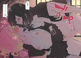 1boy 1girls black hair canon couple censored demon slayer female  hair down iguro obanai kanroji mitsuri kimetsu no yaiba leg lift leg up  looking at another male open shirt