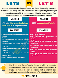 Lets Vs Let S When To Use Lets Or Let S With Useful Examples 7 E S L Confusing Words English Writing Skills Choose Vs Chose