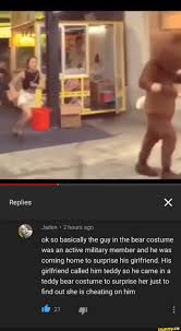 5 peter was asked to return his room key when he check out of the hotel. Jaden 2 Hours Ago Ok So Basically The Guy In The Bear Costume Was An Active Military Member And He Was Coming Home To Surprise His Girlfriend His Girlfriend Called Him