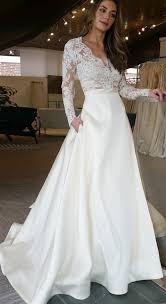 Elegant A Line V Neck Long Sleeves Off White Floor Length Prom Wedding Dress With Lace Top Ok837 Long Sleeve Satin Wedding Dress Wedding Dresses Wedding Dress Sleeves