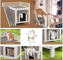 ANGELES HOME Outdoor White and Gray Wooden 2-Lever Cat House with Escape  Door, Waterproof Roof, Slide M10062GRPV8