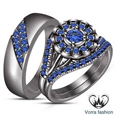 Black And Blue Wedding Ring Set His Her Flower Shape Trio Ring Set 14k Black Gold Fn 925 Silver Blue Sapphire Sapphire Engagement Ring Blue Wedding Ring Bands Set Sapphire Engagement Ring Set