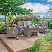 This season showcases adjustable rising tables complete with ice buckets, fire pit dining tables and the extending kingston casual dining set. Skylar Sofa Dining Set With Rising Table 3 Seater Willow Rattan Oak World