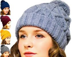 Hand Knitted Cable Knit Pom Pom Beanie: Blue Rust Variegated Yarn