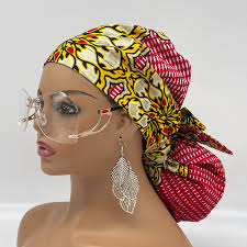 Ponytail Satin Lined PONY SCRUB CAP, Pink Yellow Gold off White Ankara  Fabric Surgical Scrub Hat Nursing Caps for Locs/long Hair