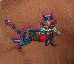 Pop Art CAT Modernist Bradley Levin Mixed Media Enamel rainbow bead RS Vtg  Pin