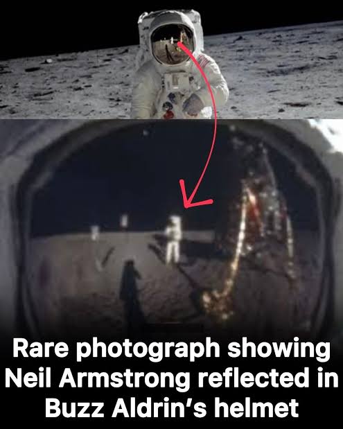 Neil Armstrong reflected in Buzz Aldrin's helmet on the moon