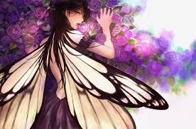 Anime Original Girl Wings Flower Rose Purple Long Hair Black Hair Purple Eyes Wallpaper Fairy Wallpaper Anime Eyes Wallpaper