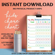 Kids Chore Chart Printable Daily Responsibilities Weekly Allowance Tracker Primary Colors