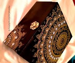 Henna Art Wooden Jewelry Box In Midnight Black And Inlaid With Turquoise Velvet Lining Henna Candles Decoupage Diy Whimsical Furniture
