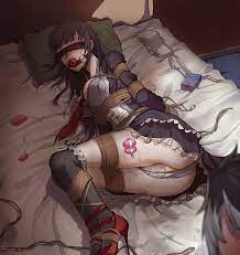 kaer sasi dianxia, celestia ludenberg, danganronpa (series), highres,  1girl, bdsm, bed, black hair, blindfold, bondage, bound, crotch rope,  forced, forced orgasm, gag, high heels, pumps, restrained, rope, sex toy,  shoes, stiletto heels,