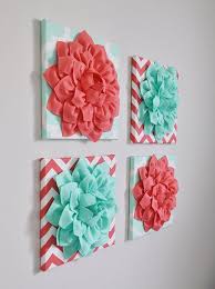 Childrens Wall Decor Set Of Four Mint And Coral By Bedbuggs Childrens Wall Decor Coral Bathroom Decor Hanging Flower Wall