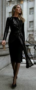 Click For Outfit Details Black Sequin Twist Front Sheath Dress Black Velvet Glitter Pumps Black Gold Clutch Purse Diamo Fashion Dresses Trendy Dresses