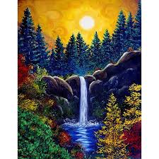 Beautiful Pine Trees Waterfall And Sun Full Round Drill Etsy In 2021 Waterfall Paintings Nature Paintings Acrylic Oil Painting Landscape