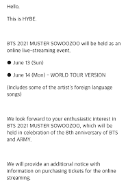 Since the title of the event sowoozoo translates to. Bts Charts Translations On Twitter Bts 2021 Muster Sowoozoo Will Be Held As An Online Live Streaming Event In Celebration Of The 8th Anniversary Of Bts Army On Jun 13