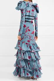 Zingara Ruffled Floral Print Silk Crepe Gown
