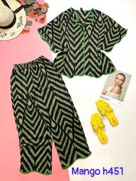Chuyên Sỉ đồ Bộ Nữ Pijama Vải Mango Tay Ngắn Quần Dài Viền Sóng - ANNSHOP.VN