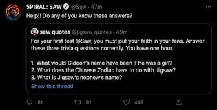 Saw is a very suspenseful movie with a dark atmosphere and a story that will keep you guessing until the end. Spiral From The Book Of Saw Gets Hacked In Bizarrely Hilarious Viral Marketing Campaign