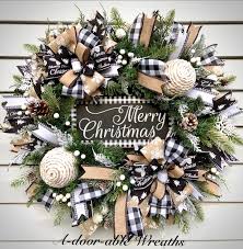 Black And White Plaid Christmas Wreath Merry Christmas Black And White Buffalo Plaid Natural Tan Jute And Snow Ornament Balls Pine Cones Holiday Wreaths Christmas Wreaths Christmas Mesh Wreaths